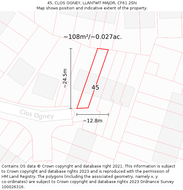 45, CLOS OGNEY, LLANTWIT MAJOR, CF61 2SN: Plot and title map