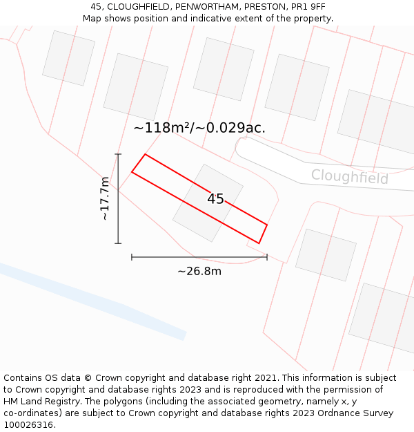 45, CLOUGHFIELD, PENWORTHAM, PRESTON, PR1 9FF: Plot and title map