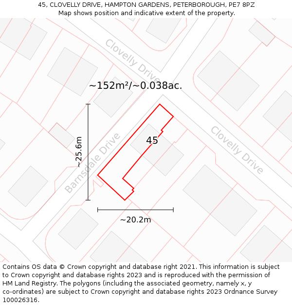 45, CLOVELLY DRIVE, HAMPTON GARDENS, PETERBOROUGH, PE7 8PZ: Plot and title map