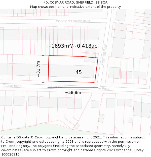 45, COBNAR ROAD, SHEFFIELD, S8 8QA: Plot and title map