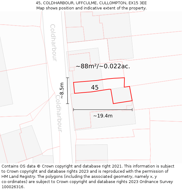 45, COLDHARBOUR, UFFCULME, CULLOMPTON, EX15 3EE: Plot and title map