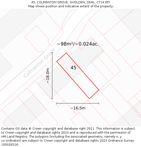 45, COLMANTON GROVE, SHOLDEN, DEAL, CT14 0FF: Plot and title map