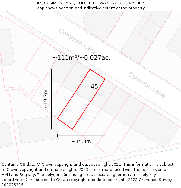 45, COMMON LANE, CULCHETH, WARRINGTON, WA3 4EY: Plot and title map