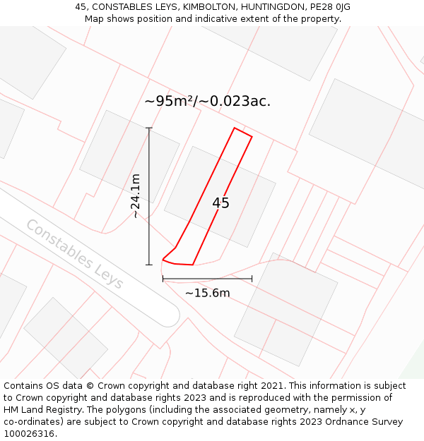 45, CONSTABLES LEYS, KIMBOLTON, HUNTINGDON, PE28 0JG: Plot and title map