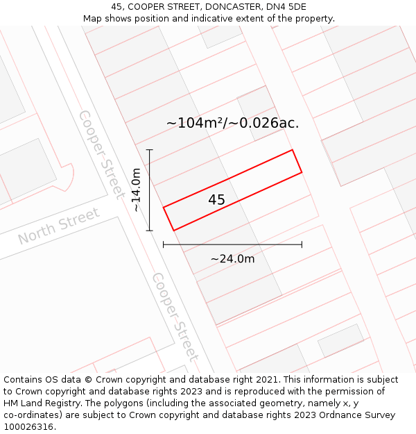 45, COOPER STREET, DONCASTER, DN4 5DE: Plot and title map