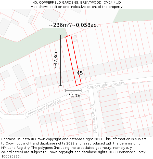 45, COPPERFIELD GARDENS, BRENTWOOD, CM14 4UD: Plot and title map
