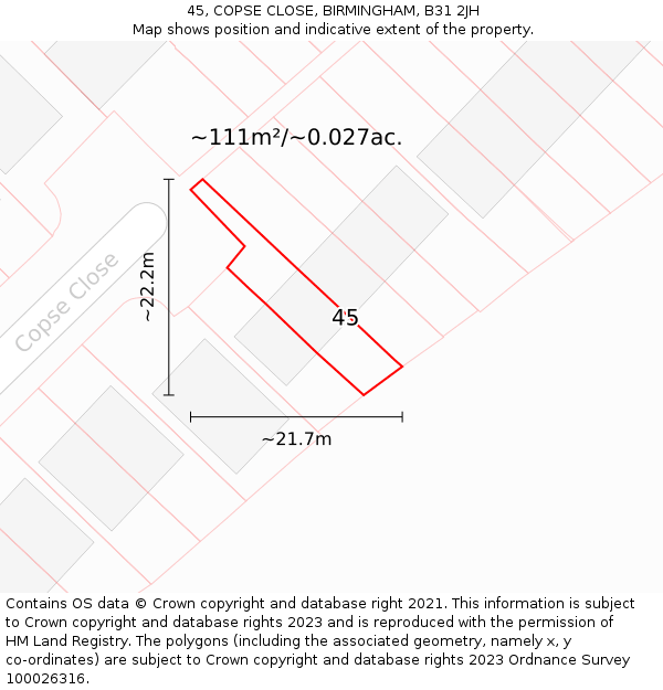 45, COPSE CLOSE, BIRMINGHAM, B31 2JH: Plot and title map