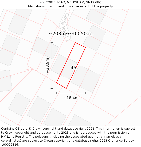 45, CORFE ROAD, MELKSHAM, SN12 6BQ: Plot and title map