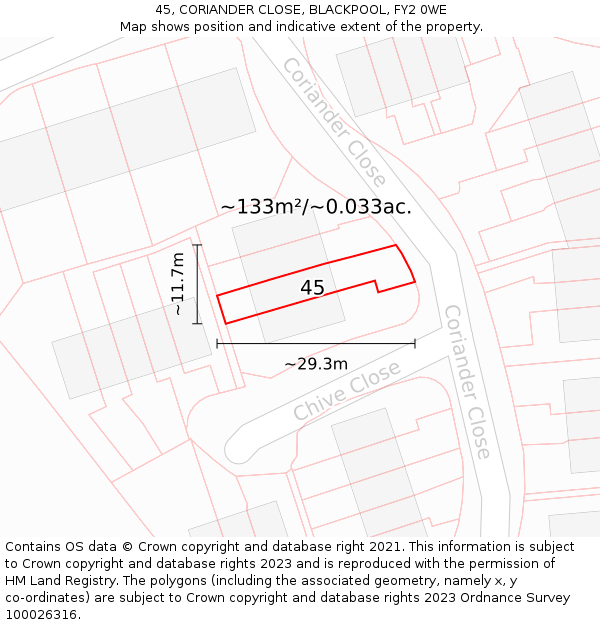 45, CORIANDER CLOSE, BLACKPOOL, FY2 0WE: Plot and title map