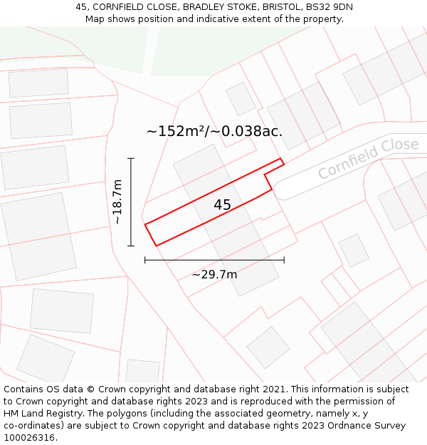 45, CORNFIELD CLOSE, BRADLEY STOKE, BRISTOL, BS32 9DN: Plot and title map