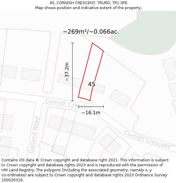 45, CORNISH CRESCENT, TRURO, TR1 3PE: Plot and title map