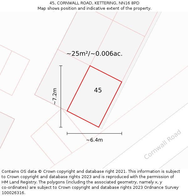 45, CORNWALL ROAD, KETTERING, NN16 8PD: Plot and title map