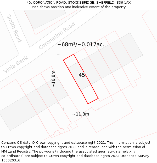 45, CORONATION ROAD, STOCKSBRIDGE, SHEFFIELD, S36 1AX: Plot and title map