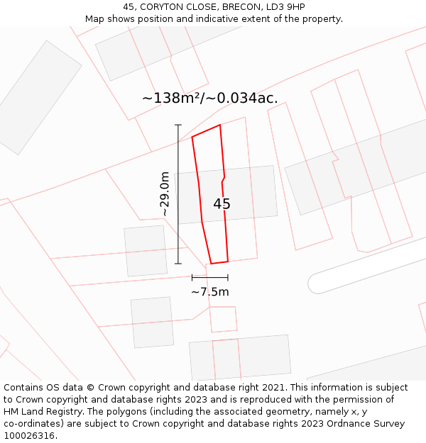 45, CORYTON CLOSE, BRECON, LD3 9HP: Plot and title map
