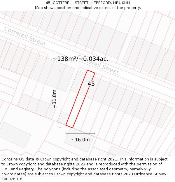 45, COTTERELL STREET, HEREFORD, HR4 0HH: Plot and title map