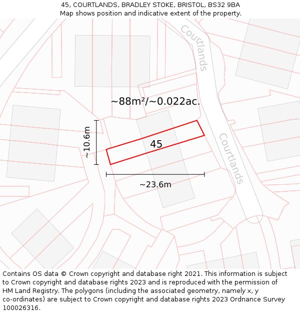 45, COURTLANDS, BRADLEY STOKE, BRISTOL, BS32 9BA: Plot and title map