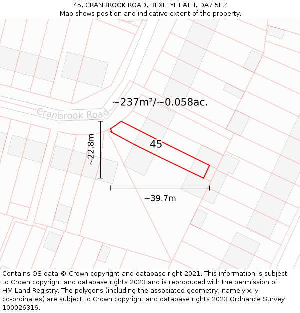 45, CRANBROOK ROAD, BEXLEYHEATH, DA7 5EZ: Plot and title map