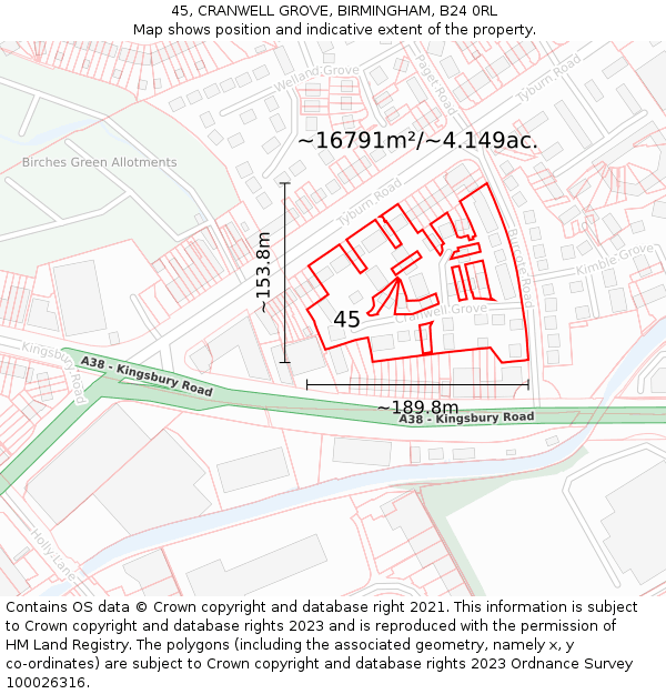 45, CRANWELL GROVE, BIRMINGHAM, B24 0RL: Plot and title map
