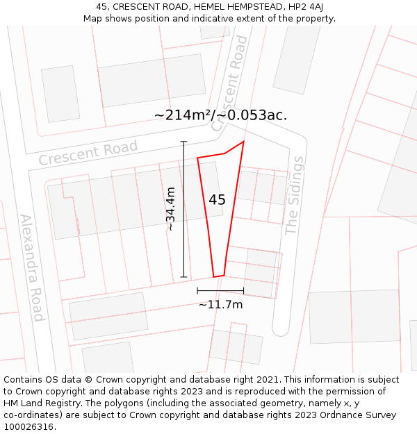 45, CRESCENT ROAD, HEMEL HEMPSTEAD, HP2 4AJ: Plot and title map