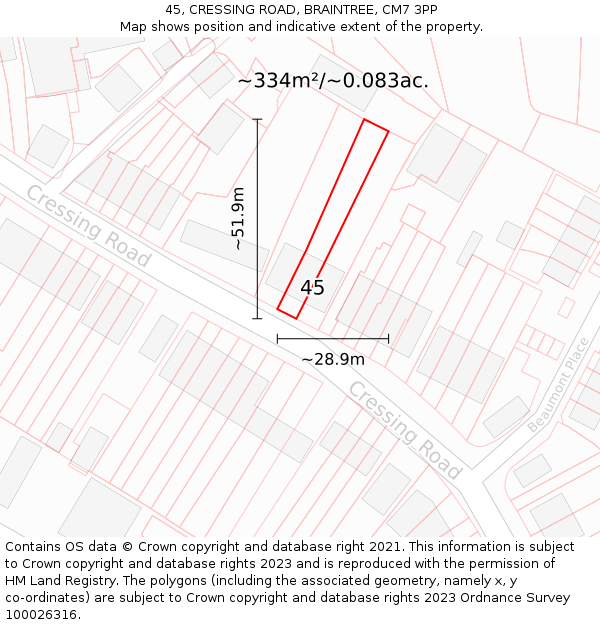 45, CRESSING ROAD, BRAINTREE, CM7 3PP: Plot and title map
