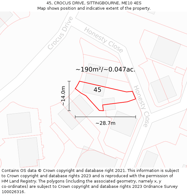 45, CROCUS DRIVE, SITTINGBOURNE, ME10 4ES: Plot and title map