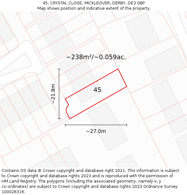 45, CRYSTAL CLOSE, MICKLEOVER, DERBY, DE3 0BP: Plot and title map