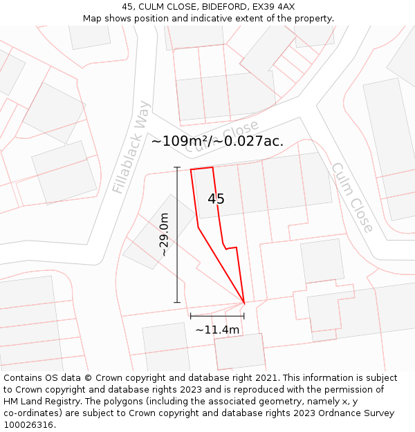45, CULM CLOSE, BIDEFORD, EX39 4AX: Plot and title map