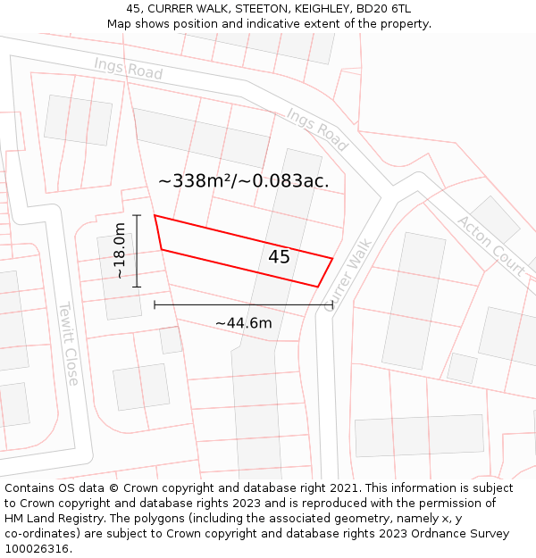 45, CURRER WALK, STEETON, KEIGHLEY, BD20 6TL: Plot and title map