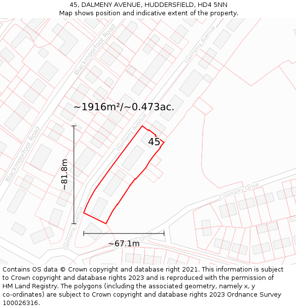 45, DALMENY AVENUE, HUDDERSFIELD, HD4 5NN: Plot and title map