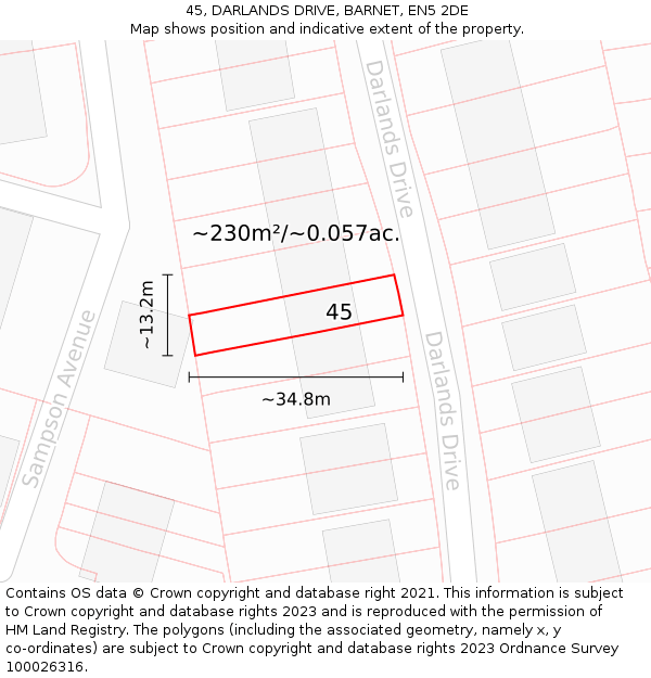 45, DARLANDS DRIVE, BARNET, EN5 2DE: Plot and title map