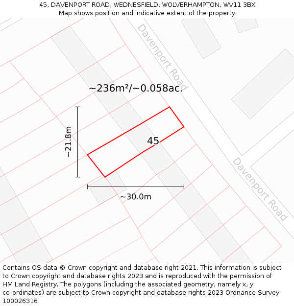 45, DAVENPORT ROAD, WEDNESFIELD, WOLVERHAMPTON, WV11 3BX: Plot and title map