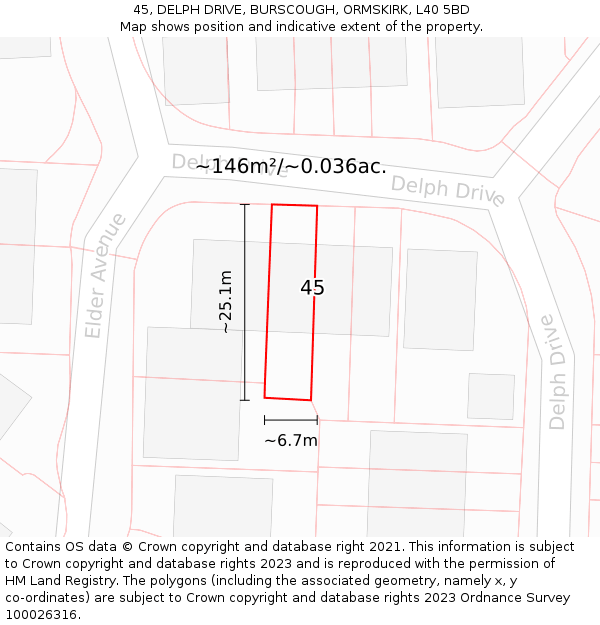 45, DELPH DRIVE, BURSCOUGH, ORMSKIRK, L40 5BD: Plot and title map