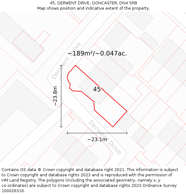 45, DERWENT DRIVE, DONCASTER, DN4 5PB: Plot and title map