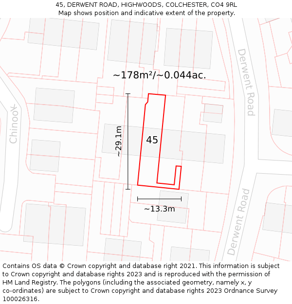 45, DERWENT ROAD, HIGHWOODS, COLCHESTER, CO4 9RL: Plot and title map