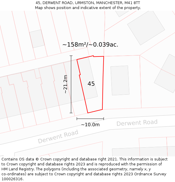 45, DERWENT ROAD, URMSTON, MANCHESTER, M41 8TT: Plot and title map
