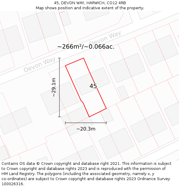 45, DEVON WAY, HARWICH, CO12 4RB: Plot and title map