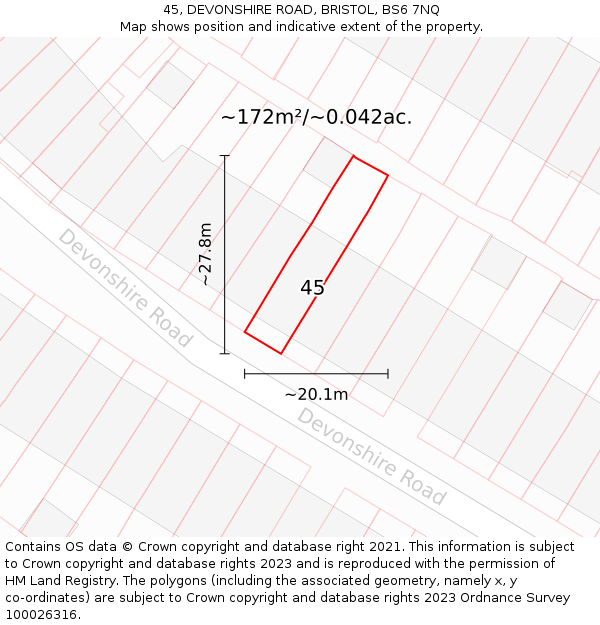 45, DEVONSHIRE ROAD, BRISTOL, BS6 7NQ: Plot and title map