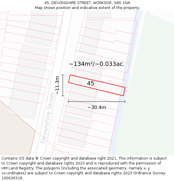 45, DEVONSHIRE STREET, WORKSOP, S80 1NA: Plot and title map