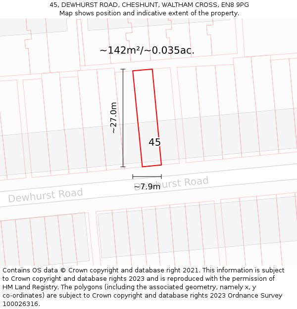 45, DEWHURST ROAD, CHESHUNT, WALTHAM CROSS, EN8 9PG: Plot and title map