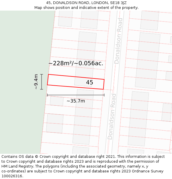 45, DONALDSON ROAD, LONDON, SE18 3JZ: Plot and title map