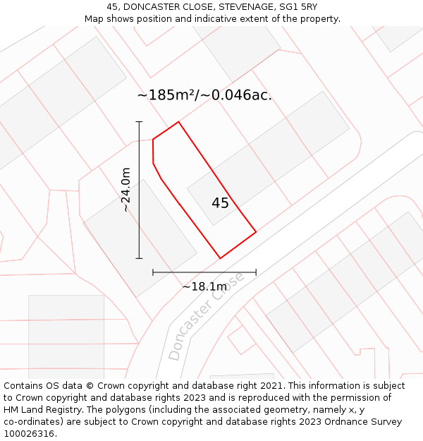 45, DONCASTER CLOSE, STEVENAGE, SG1 5RY: Plot and title map