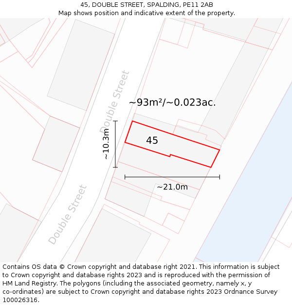 45, DOUBLE STREET, SPALDING, PE11 2AB: Plot and title map