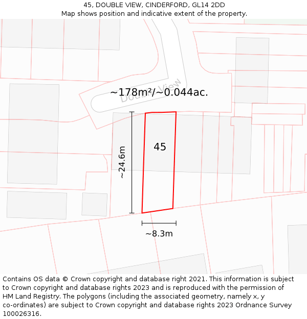45, DOUBLE VIEW, CINDERFORD, GL14 2DD: Plot and title map