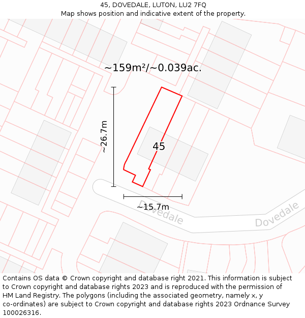 45, DOVEDALE, LUTON, LU2 7FQ: Plot and title map