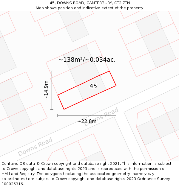 45, DOWNS ROAD, CANTERBURY, CT2 7TN: Plot and title map