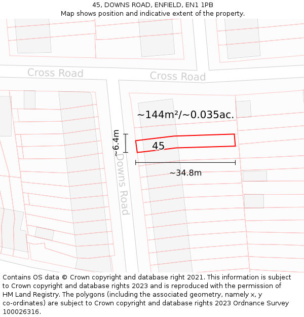 45, DOWNS ROAD, ENFIELD, EN1 1PB: Plot and title map