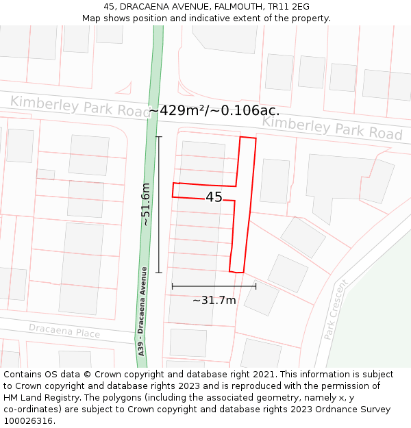 45, DRACAENA AVENUE, FALMOUTH, TR11 2EG: Plot and title map