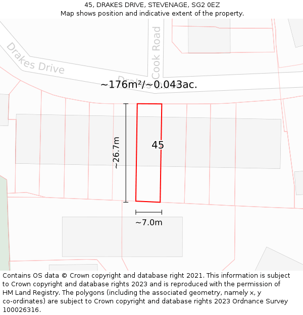 45, DRAKES DRIVE, STEVENAGE, SG2 0EZ: Plot and title map