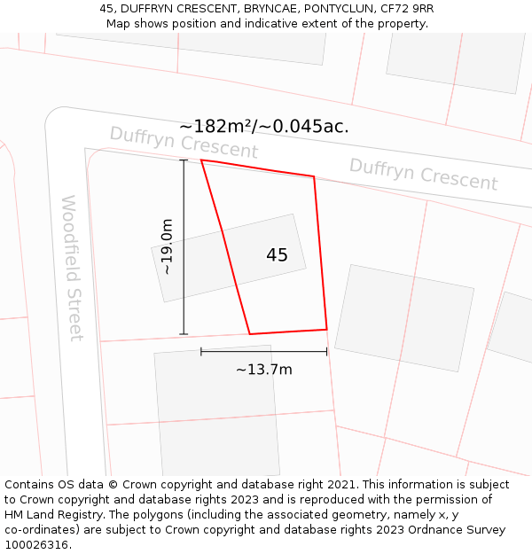 45, DUFFRYN CRESCENT, BRYNCAE, PONTYCLUN, CF72 9RR: Plot and title map