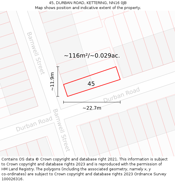 45, DURBAN ROAD, KETTERING, NN16 0JB: Plot and title map